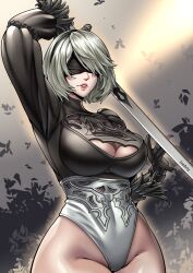 1girls big_breasts blindfold blindfolded blue_eyes breasts clothing female female_only hairband katana leotard light-skinned_female light_skin looking_at_viewer mask masked nier nier:_automata short_hair solo sword thick thotlerrr treartz white_hair yorha_2b