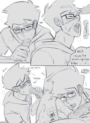 2boys cum gay glasses headgear headwear homestuck ilovedoggirls john_egbert looking_at_viewer male male_focus male_only monochrome pov short_hair short_hair_male sketch yaoi