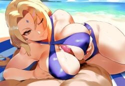 1boy 1girls ai_generated bikini cum cum_on_breasts large_breasts looking_pleasured naruto naruto_(series) paizuri penis pov swimsuit titjob tittyg-ai tsunade