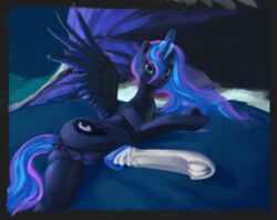 alicorn bed clothing crotchboobs eqlipse_(artist) equid equine female friendship_is_magic furry furry_only horn legwear mammal my_little_pony no_humans nude painterly presenting princess_luna_(mlp) pussy socks solo underhoof wings