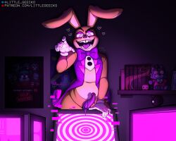 1boy bookshelf bowtie bunny_ears buttons clothing computer erect_penis erection five_nights_at_freddy&#039;s five_nights_at_freddy&#039;s:_help_wanted fur glitchtrap gloves littlegeecko male male_only penis penis_out plushie rabbit rabbit_ears solo tongue