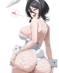 ai_generated big_ass big_breasts black_hair bleach bunny_girl holding_ass kuchiki_rukia purple_eyes shinigami short_hair smiling_at_viewer snow_bunny standing white_bunnysuit