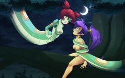 2girls absurd_res anthro apode big_breasts breasts coiling crescent_moon crown draconcopode duo female female_human female_only green_nipples headgear hi_res humanoid_pointy_ears hypnosis ledy legless long_hair mammal mind_control moon multiple_girls naga night nipples non-mammal_breasts nude plant ponytail purple_hair reptile scalie serpentine shantae shantae:_half-genie_hero shantae_(character) sky snake star starry_sky tiara tree tuki_(shantae) wayforward