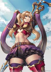 big_breasts big_thighs blonde_female blonde_hair blonde_hair blonde_hair_female blue_eyes female granblue_fantasy granblue_fantasy_versus midriff skirt smile smiling solo solo_female staff stretching thighhighs thighs thotlerrr toned toned_body toned_female toned_stomach treartz twintails zeta_(granblue_fantasy)