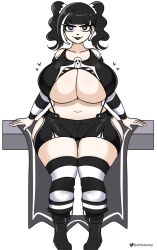 black_lipstick busty cleavage eloise_(startop) female goth original_character sharp_teeth startop stripes thighhighs twintails