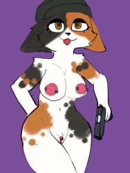 anthro beanie beanie_only breasts calico_cat clitoris clitoris_piercing clothing domestic_cat epic_games felid feline felis female fortnite genital_piercing genitals gun handgun hat headgear headwear hi_res holding_gun holding_object holding_ranged_weapon holding_weapon mammal meow_skulls_(fortnite) nipple_piercing nipples nude piercing pistol purple_background pussy ralseibutbigger ranged_weapon simple_background solo tongue tongue_out weapon