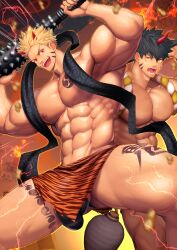 2boys abs armpits bara beefy biceps big_areola big_bulge black_hair blonde_hair body_markings breasts broad_shoulders bulge bulge_through_clothing cosplay duo eight_pack emphasis_lines fire flame gay genital_outline hi_res holding_weapon hunk laugh leg_hair legs_apart loincloth looking_at_viewer low-angle_view mace male male_breasts male_only manly mature_male meisho_hanten moobs muscles muscular muscular_arms muscular_legs muscular_male muscular_thighs navel no_body_hair oni oni_horns original original_character pecs quadriceps red_eyes rope sake_bottle scarf shimenawa short_hair six_pack spiked_club standing thick thick_arms thick_legs thick_thighs thong tiger_print tomoe_(symbol) topless tough_guy triceps veiny_arms very_high_resolution weapon weapon_over_shoulder yaoi yellow_eyes