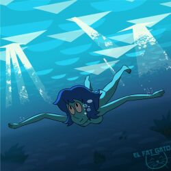 1girls air_bubbles barefoot black_eyes blue_hair blue_skin breasts bubbles cartoon_network elfatgato feet female freediving gem_(species) gif humanoid lapis_lazuli_(steven_universe) nipples nude nudist ocean sea semi-genderless semi-genderless_female short_hair skinny_dipping solo steven_universe swimming underwater water