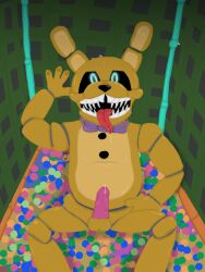 animatronic anthro anthro_only anthropomorphic ball_pit balls belly blue_eyes bowtie bunny_ears bunnysuit cock confused_look cute darkness dick ear erection five_nights_at_freddy's glowing_eyes green_eyes knot legs_apart looking_at_viewer male male_only nude penis precum rabbit saliva_drip snout solo solo_focus spring_bonnie spring_bonnie_(fnaf) tongue tongue_out yellow_fur