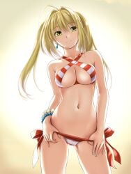 1girls ahoge antenna_hair bare_arms bare_belly bare_chest bare_hands bare_hips bare_midriff bare_navel bare_shoulders bare_skin bare_thighs belly belly_button bikini bikini_bottom bikini_only bikini_top blonde_eyebrows blonde_female blonde_hair blonde_hair_female blush blush_lines blushing_at_viewer blushing_female bracelet bracelets breasts cleavage cleft_of_venus closed_mouth_smile collarbone cross_halter_bikini dot_nose earrings exposed exposed_arms exposed_belly exposed_legs exposed_midriff exposed_shoulders exposed_thighs eyebrows_visible_through_hair fate/grand_order fate_(series) female female_focus female_only fingernails fingers gradient_background green_eyes green_eyes_female groin hair_between_eyes half_naked half_nude hands_on_legs hands_on_own_legs hands_on_own_thighs hands_on_thighs head_tilt high_resolution highres large_breasts legs light-skined_female light-skinned light-skinned_female light_skin light_skin_female light_skinned light_skinned_female lips long_hair looking_at_viewer naked naked_female naked_woman navel nero_claudius_(fate) nero_claudius_(swimsuit_caster) nonaka_ritsu nude nude_female nudity pussy red_bikini red_bikini_bottom red_bikini_top red_swimsuit red_swimwear shoulders side-tie_bikini simple_background slender_body slender_waist slim_girl slim_waist smile smiley_face smiling smiling_at_viewer smirk solo standing striped_bikini striped_bikini_bottom striped_bikini_top striped_swimsuit striped_swimwear swimsuit swimwear thick_thighs thigh_gap thighs thin_waist tilted_head twintails twintails_(hairstyle) underboob upper_body v-line white_background wide_hips yellow_background