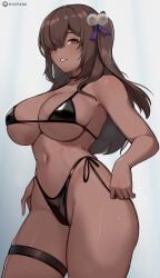 bare_shoulders bikini black_bikini blush breasts brown_hair cowboy_shot dark_skin female goddess_of_victory:_nikke grin groin hair_ornament hair_over_one_eye hair_ribbon highres hioyami large_breasts long_hair looking_at_viewer naga_(nikke) navel pom_pom_(clothes) pom_pom_hair_ornament purple_ribbon ribbon side-tie_bikini_bottom sideways_glance smile solo standing stomach swimsuit thigh_strap thighs three_quarter_view underboob