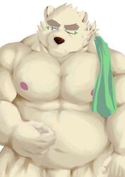 2019 anthro belly blue_eyes eyewear fur glasses hi_res humanoid_hands leib_(tokyo_afterschool_summoners) m0000rgn male male_only mammal moobs nipples one_eye_closed overweight overweight_male penis polar_bear simple_background solo tokyo_afterschool_summoners towel ursid ursine video_games white_background white_fur wink