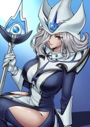 big_breasts big_thighs female gloves gray_hair grey_hair hair_over_one_eye hat magician one_eye_covered one_eye_obstructed red_eyes silent_magician solo solo_female staff thighs thotlerrr treartz yu-gi-oh!