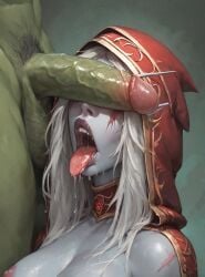 ai_generated covered_eyes drool drooling elf female green_penis hood imminent_oral jeyjey_se orc orc_male orced penis penis_on_face scar scars sylvanas_windrunner tongue tongue_out white_hair world_of_warcraft