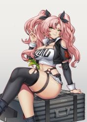 big_breasts big_thighs ear_piercing ear_ring earring earrings female green_eyes midriff nicole_demara pink_hair shorts smile smiling solo solo_female thighs thotlerrr treartz twintails zenless_zone_zero