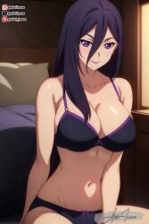 1girls ai_generated bikini cefiro maougun_saikyou_no_majutsushi_wa_ningen_datta on_bed purple_eyes purple_hair smile solo solo_female solo_focus witch