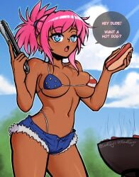 1futa american_flag_bikini bikini_top blue_eyes clothed clothing commission dark-skinned_futanari dark_skin ellen_(futabu) flag_bikini futa_only futabu futanari grill hot_dog hotpants human large_breasts lordguyis mostly_nude pink_hair self_upload solo