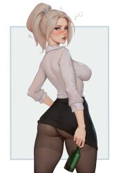 1girls 2024 blonde_hair blue_eyes buttoned_shirt commission female freli looking_at_viewer looking_back miniskirt office_clothing office_lady pantyhose pencil_skirt shirt skirt skirt_lift