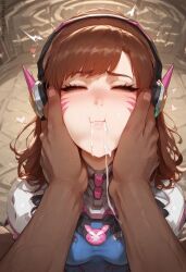 1boy 1girls 1male ai_generated brown_hair closed_eyes cum cum_in_mouth cut cute cute_expression cute_face d.va hand_on_cheek headgear mouthful overwatch pale-skinned_female swallowed_whole swallowing swallowing_cum wholesome_end wholesome_sex