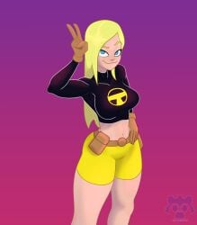 1girls belt blonde_female blonde_hair blue_eyes clothing dc dc_comics evil_raccoon female female_only footwear handwear human long_hair pale_skin solo teen_titans terra_(dc) thin_waist tight_clothing