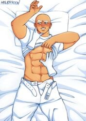 1boy abs bald bed_sheets blue_eyes blush bulge erection gay hands howdychan mr._clean pillow shirt shirt_lift six_pack tanned underwear white_clothing white_shirt white_underwear yaoi