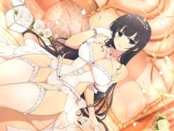 arm_support bare_shoulders bed bed_sheet big_breasts black_hair blue_eyes blush body_blush bow_panties breasts bride cleavage frilled_garter_belt frilled_thighhighs garter_belt garter_straps gloves ikaruga_(senran_kagura) lingerie long_hair marvelous official_art open_mouth senran_kagura senran_kagura_new_link shiny_skin sitting smile thick_thighs thighhighs thighs tiara underwear wedding_lingerie wedding_ring white_gloves white_thighhighs yaegashi_nan zettai_ryouiki