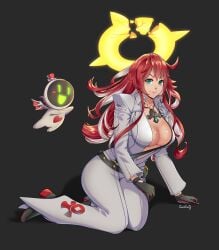 big_breasts breasts female gloves gradient_hair green_eyes guilty_gear guilty_gear_strive halo jack-o'_valentine long_hair red_hair smile smiling solo solo_female thotlerrr treartz white_hair