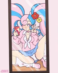 1girls blue_hair blue_skirt dyonite fully_clothed hatsune_miku hatsune_miku_(fairy-type_trainer) human human_only long_nails mirror_selfie panties phone pink_hair pink_nails pink_shirt pokemon project_voltage selfie skirt solo solo_female wink