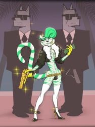 alternate_form anthro braces bulge chest_fur chest_tuft desert_eagle feline femboy furry gangster girly gloves gold_tooth golden_gun green_fur guards heels jackofak jockstrap money puddin_toon_skunk rich_bitch rich_girl slender_body slender_waist stockings stripes tiger twink versace