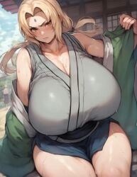 ai_generated angry bare_legs blonde_hair blush braided_hair breasts_bigger_than_head brown_eyes embarrassed ganggang gigantic_breasts huge_breasts huge_thighs japanese_clothes kunoichi light-skinned_female light_skin looking_at_viewer massive_breasts mature_female milf mommy naruto naruto_(series) naruto_shippuden pawg shounen_jump solo_female squatting sweat sweating thick_body thick_female thick_thighs thighs thighs_bigger_than_head tsunade voluptuous voluptuous_female