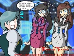 3girls assimilation brokenteapot ema_skye english_text female female_only gyakuten_saiban happy_trance hourglass_figure hypnosis hypnotic_visor identity_death karuma_mei maya_fey mind_control suit_and_tie text url