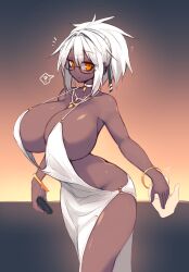 bracelet breasts breasts_bigger_than_head choker cleavage curvy curvy_female dark-skinned_female dark_skin disembodied_hand dress earrings glasses holding_object hourglass_figure huge_breasts necklace oc orange_eyes original original_character short_hair sideboob simple_background st._louis_(luxurious_wheels)_(azur_lane)_(cosplay) sub-res thick_thighs thighs white_hair