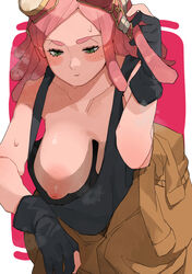 1girls areolae big_breasts blush breasts breasts_out down_blouse embarrassed female gloves hanging_breasts large_breasts makingtawawa medium_hair mei_hatsume my_hero_academia nipples oblivious partially_clothed pink_hair solo sweat