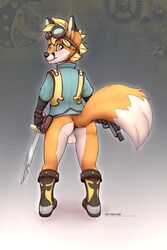 absurd_res anthro anus ass backsack balls blue_eyes bottomless canid canine clothed clothing eyewear_on_head fox full-length_portrait hi_res holding_object holding_weapon jamesfoxbr looking_at_viewer looking_back male male_only mammal multicolored_ears perineum portrait rear_view solo two_tone_ears two_tone_tail weapon