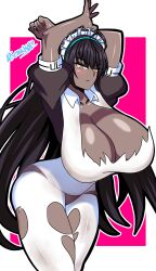 1girls arms_up bangs bare_arms bare_thighs black_hair blue_archive breasts brown_panties cleavage dark-skinned_female dark_skin deep_cleavage female female_only gigantic_breasts hourglass_figure karin_(blue_archive) long_hair maid maid_headdress panties pantyhose pink_background pose senak012 short_sleeves solo standing thick_thighs thighs torn_clothes underwear very_long_hair wide_hips yellow_eyes