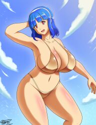 bikini blue_hair feuerz gold_bikini huge_breasts looking_at_viewer red_eyes rina_atherina_(errorkazoo) self_upload smile someone_else's_oc