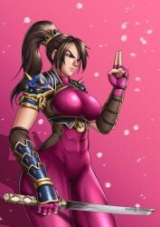 abs armor big_breasts blue_clothing brown_hair female katana pink_clothing ponytail skin_tight skintight solo solo_female soul_calibur sword taki thotlerrr toned toned_body toned_female toned_stomach treartz weapon