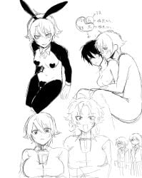 4girls big_breasts bubble_tea_challenge bunny_ears bunny_girl bunnysuit canon_genderswap female female_only genderswap_(mtf) gintama gintoki_sakata katsura_kotarou monochrome pasties playboy_bunny reverse_bunnysuit rule_63 sakamoto_tatsuma shirokuji short_hair sketch sketch_page smile takasugi_shinsuke yuri