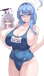 2girls ako_(blue_archive) blue_archive blue_eyes blue_hair breasts female halo hi_res hina_(blue_archive) hips huge_breasts kuavera light-skinned_female light_skin long_hair purple_eyes school_swimsuit swimsuit thick_thighs thighs white_hair wide_hips