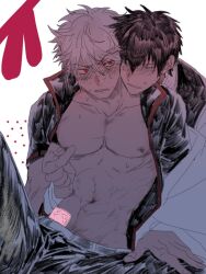 2boys black_hair blue_eyes blush condom condom_wrapper flustered from_behind gay gintama gintoki_sakata hijikata_toshiro looking_at_another male male_only miezako muscular muscular_male nipple_pinch nipple_tweak open_mouth pecs red_eyes white_hair yaoi