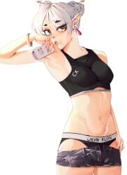 armpits black_panties black_shorts black_sports_bra bra bracelet brand_name_imitation breasts clothing crop_top ear_piercing earrings elf female female female_only frieren grey_hair hair_bun hair_ornament hair_stick holding jewelry jobin_chan lips looking_at_viewer medium_breasts midriff milk_carton nail_polish navel original piercing pointed_ears short_hair short_shorts shorts single_hair_bun solo sousou_no_frieren sports_bra standing stomach thick_eyebrows tied_hair underwear white_hair yellow_eyes