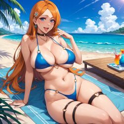 1girls ai_generated alex-schura bangs bare_shoulders beach bikini black_choker bleach bleach:_the_thousand-year_blood_war blue_bikini blue_eyes blue_sky blue_swimsuit blush breasts choker clavicle cleavage clothing cloud curvaceous curvaceous_female curvaceous_figure curvy curvy_figure day earrings female female_focus female_only hair_ornament inoue_orihime inviting jewelry large_breasts long_hair looking_at_viewer mommy navel navel_piercing necklace o-ring ocean open_mouth orange_hair outdoors palm_tree piercing sand seductive seductive_look seductive_smile sitting sky smile solo stomach swimsuit tanlines thigh_strap thighs tongue tongue_out towel tree very_long_hair voluptuous voluptuous_female water