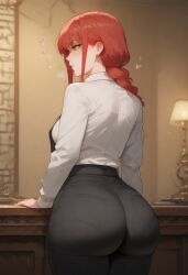 ai_generated back_view big_ass black_coat black_pants chainsaw_man makima_(chainsaw_man) medium_breasts office_lady pale-skinned_female red_hair ringed_eyes thiccwithaq_(ai_style) thick_thighs tie white_shirt