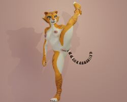 3d_(artwork) anthro breasts digital_media_(artwork) dreamworks duo felid female fur genitals itmy09 kung_fu_panda looking_at_viewer mammal master_tigress nipples nude pussy simple_background solo stretching stripes