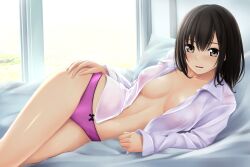 1girls bare_belly bare_chest bare_hands bare_legs bare_midriff bare_skin bare_thighs bed bed_sheet belly black_hair black_hair_female blush blushing_at_viewer blushing_female breasts brown_eyebrows brown_hair brown_hair_female cleavage collarbone dot_nose female female_focus female_only fingernails fingers groin half_naked half_nude hand_on_leg hand_on_own_leg hand_on_own_thigh hand_on_thigh high_resolution highres hourglass_figure indoor indoor_nudity indoors laying_down laying_on_bed laying_on_side legs legs_together light-skined_female light-skinned light-skinned_female light_skin light_skin_female light_skinned light_skinned_female long_hair looking_at_viewer medium_breasts naked naked_female naked_woman nonaka_ritsu nude nude_female nudity on_side open_clothes open_clothing open_mouth open_mouth_smile open_shirt original original_art original_artwork original_character panties parted_lips pillow purple_panties purple_underwear ribbon_panties shirt shoulders simple_background slender_body slender_waist slim_girl slim_waist smile smiley_face smiling smiling_at_viewer solo thick_thighs thighs thin_waist tongue touka_(nonaka_ritsu) unbuttoned unbuttoned_shirt underwear upper_body v-line white_background white_bed white_bed_sheet white_pillow white_shirt wide_hips window