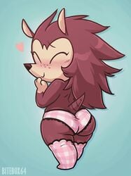 2019 animal_crossing anthro ass ass_cleavage big_ass bitebox64 blush butt_crack closed_eyes clothing female fur furry furry_only heart hedgehog looking_back nintendo panties pink_panties plaid_panties sable_able solo standing stockings tail thick_thighs thigh_highs topless wide_hips