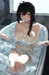 1girls bath bathing bathroom big_breasts black_hair brown_eyes busty curves curvy dark_hair female female_only grace_howard hoyoverse huge_breasts large_breasts light-skinned_female light_skin looking_at_viewer mihoyo ms_tsukii naked nude partially_submerged red_eyes taking_a_bath thighs water wet wet_body zenless_zone_zero