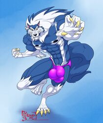 2019 4_toes 5_fingers abs anthro biceps black_nose blue_background blue_fur blue_hair blue_skin bulge canid canine canis capcom claws darkstalkers eyebrows fingers fur gallon gloves_(marking) hair hungothenomster jon_talbain leg_markings looking_at_viewer male male_only mammal markings multicolored_fur multicolored_hair multicolored_skin muscular muscular_male muscular_thighs pecs penis_outline simple_background socks_(marking) solo teeth tight_underwear toe_claws toes two_tone_fur two_tone_hair two_tone_skin underwear vampire_savior video_games were werecanid werecanine werewolf white_fur white_hair white_skin wolf yellow_eyes