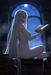 ass book completely_nude completely_nude_female crossed_legs female female_only from_behind from_behind_angle from_behind_view holding_book holding_object library lich long_hair long_tongue looking_at_viewer looking_back moon night nude nude_female pale_skin red_eyes seka_chiwa sharp_teeth sideboob silver_hair sitting smile solo solo_female stranger_danger_(headlessrainbow) thighs tongue undead very_long_hair white_hair window