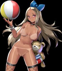 1girls beach_ball black_background blonde_hair breasts choker female female_only fishnets metal_slug metal_slug_attack nipples pink_eyes pussy simple_background solo tagme tan tan_skin tanline uncensored white_baby_(metal_slug)